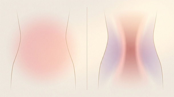 Pastel medical illustration contrasting broad, spread-out pleasure vs. narrowing, gathering momentum that leads toward orgasm.