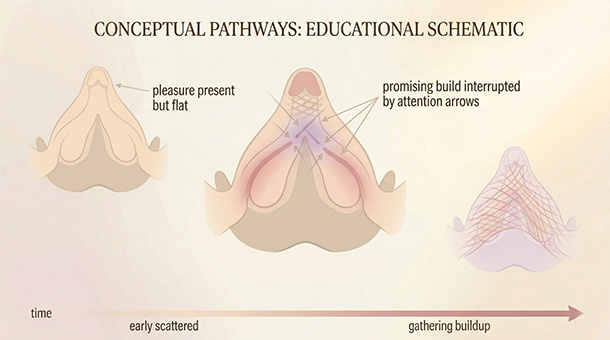 Soft abstract diagram of real-life masturbation experiences where pleasure stays flat, gets interrupted by monitoring, feels sensorially mismatched, or changes suddenly due to body factors.