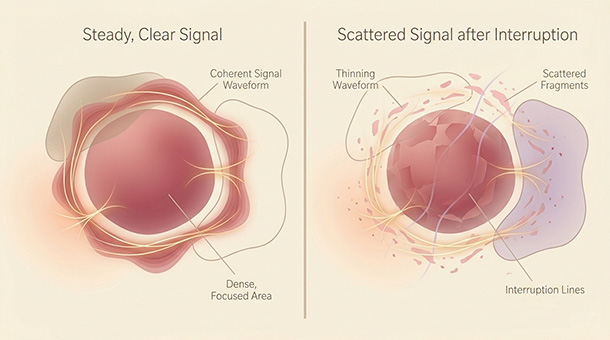 Pastel medical illustration showing a steady gathering signal toward orgasm vs. slight interruption causing the build to thin and slip away.