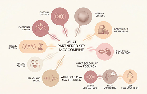 Diagram showing how partnered orgasm may build from several combined sensations and emotional cues rather than one single point of touch.