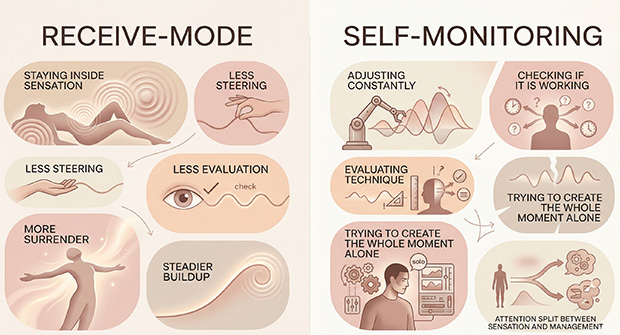 Comparison graphic showing how orgasm may build more easily in receive-mode than during self-monitoring and constant adjustment.