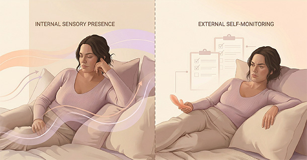 Illustration showing the shift from being inside sensation to monitoring the experience from the outside.