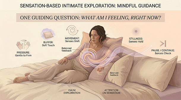 Infographic showing a calm exploration approach built around one gentle question and sensation-based feedback instead of performance.