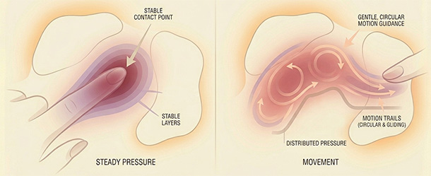 Pastel medical illustration comparing steady pressure that lets sensation thicken and gather vs. movement that keeps sensation bright and refreshed.
