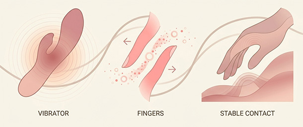 Soft abstract diagram of real-life examples showing how steady pressure, gentle movement, or combined rocking can build pleasure differently on the same anatomy.