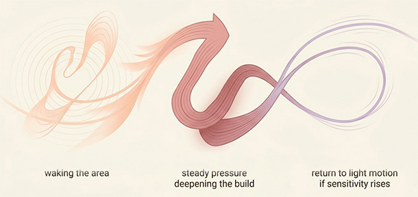 Soft diagram illustrating that many bodies build pleasure best through a sequence of movement then steady pressure (or the reverse) rather than choosing one forever.