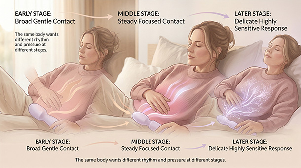 Illustration showing how the body may want different rhythm and pressure at early, middle, and later stages of arousal.