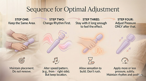 Infographic showing the sequence of keeping the same area, changing rhythm first, waiting, and adjusting pressure last.