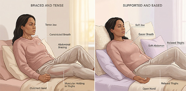 Comparison of a braced body versus a more supported relaxed body during the same intimate setup.