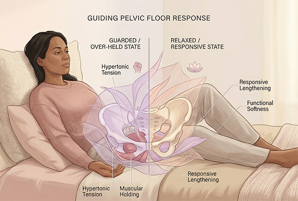 Illustration highlighting the pelvic floor region and showing the difference between guarded tension and a more relaxed state.