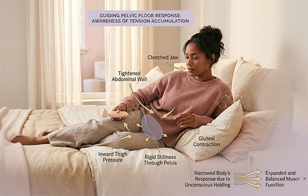 Illustration showing common tension patterns in the jaw, abdomen, glutes, thighs, and pelvis during intimate stimulation.