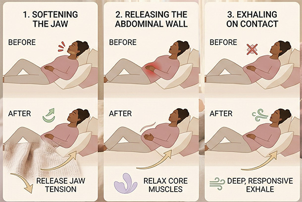 Infographic showing small body changes like jaw release, exhaling, support, and gentle pelvic movement to reduce tension.