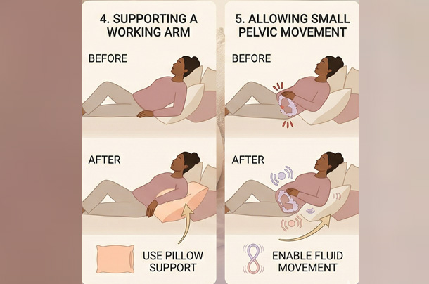 Infographic showing small body changes like jaw release, exhaling, support, and gentle pelvic movement to reduce tension.