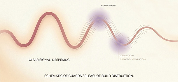 Soft diagram showing how stress can turn a clear pleasure signal into static or thinned sensation, even when desire remains.