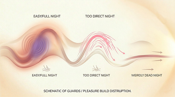 Soft abstract diagram of three ordinary nights: easy/full buildup, too-direct/unbuffered sharpness, and flat/dead sensation — all from changing body states.
