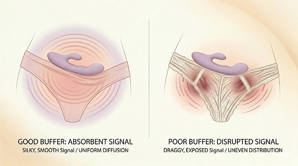 Pastel medical illustration comparing good buffering fabrics (smooth cotton/modal diffusing sensation) vs. poor ones (lace/seams creating irritation or unevenness).