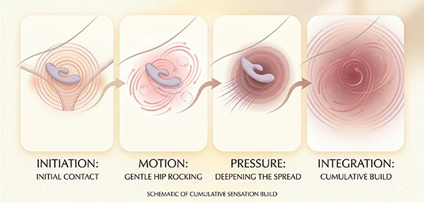 Illustration of the soft progression: low setting off-center over underwear, gentle rocking, light pressure, leading to welcoming cumulative sensation.