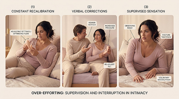 Three-panel illustration showing solo over-adjusting, partner over-directing, and tightening up when noticing orgasm is close.