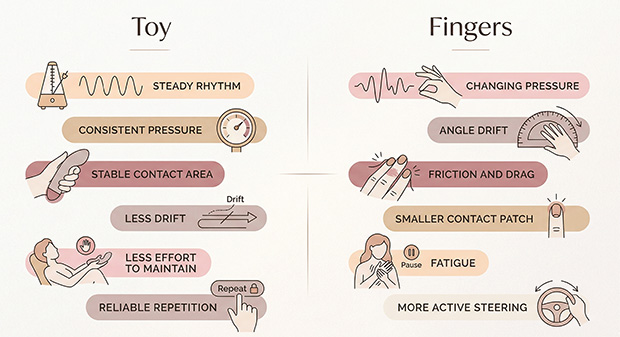Comparison graphic showing that a toy often provides steadier rhythm and pressure, while fingers introduce more drift, friction, and variation.