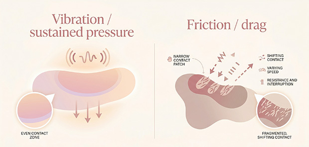 Conceptual diagram showing the difference between smooth vibratory stimulation and the added friction or drag created by fingers.