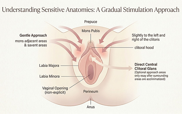 Medical-style vulva diagram showing gentler vibrator starting zones beside the clitoris, over the hood, labia, and mons before direct contact.