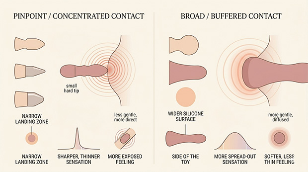Infographic comparing pinpoint vibrator contact with broader buffered contact, showing why wider contact can feel gentler for very sensitive bodies.