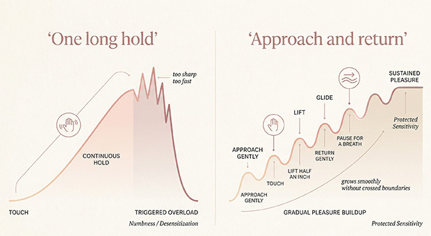 Diagram showing how brief approach-and-return passes can help sensitive bodies build pleasure more comfortably than one continuous hold.