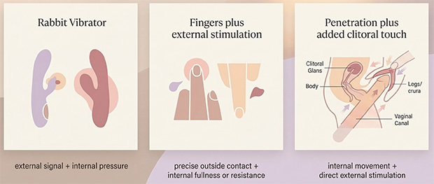 Infographic showing three common forms of blended stimulation: rabbit toys, fingers plus external touch, and penetration with added clitoral stimulation.