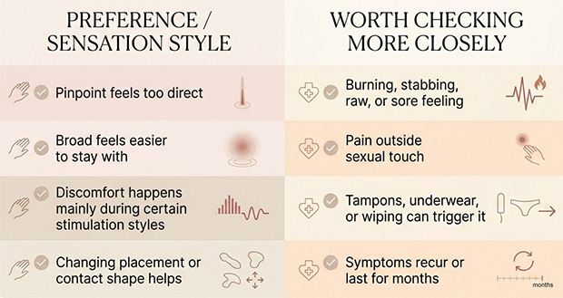 Comparison chart showing the difference between preferring broader stimulation and having pain symptoms that may need medical evaluation.