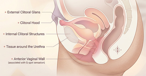 Medical-style diagram showing how external clitoral sensation and internal front-wall sensation can overlap through closely connected anatomy.