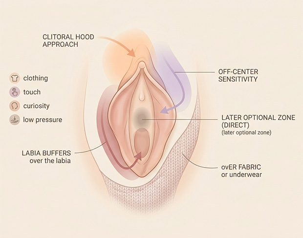 Medical-style external vulva diagram showing gentler starting routes over the hood, labia, and nearby tissue instead of direct center contact.