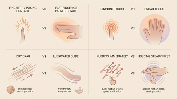 Infographic comparing poking versus broad contact and dry drag versus lubricated glide, showing how gentler touch can feel more usable than direct sharp touch.