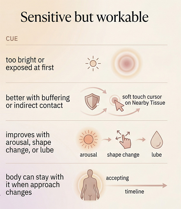 Comparison chart showing the difference between intense-but-workable sensitivity to direct touch and pain symptoms that may need medical evaluation.