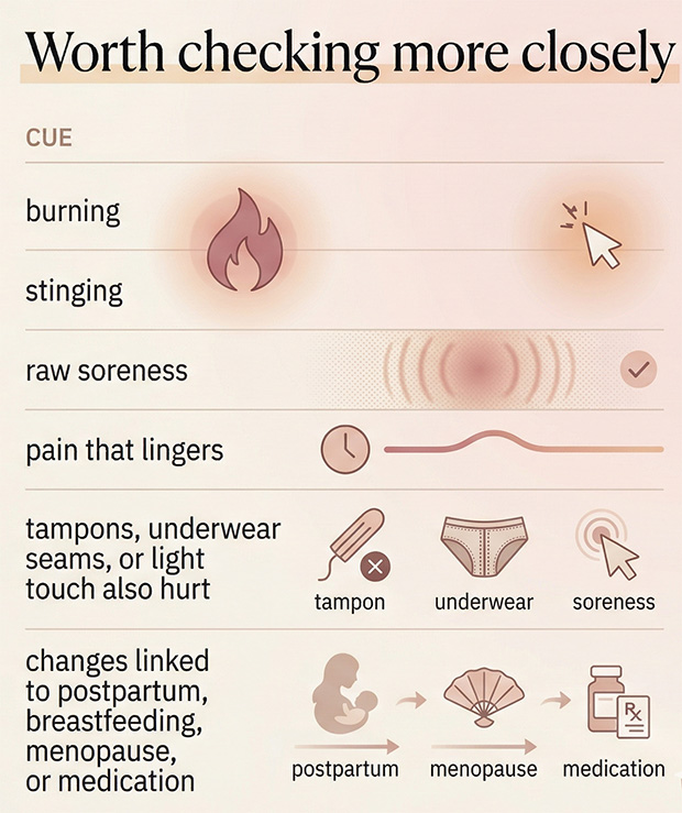 Comparison chart showing the difference between intense-but-workable sensitivity to direct touch and pain symptoms that may need medical evaluation.