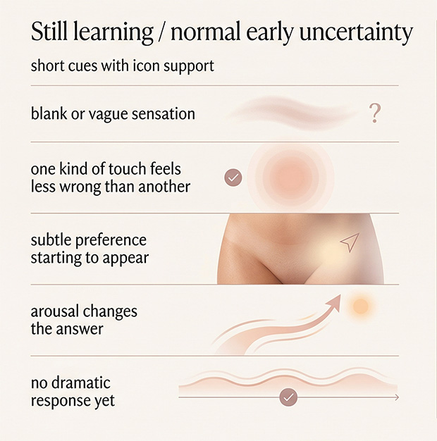 Comparison chart showing the difference between normal early uncertainty about pleasure and recurring pain or sudden changes that may need medical support.