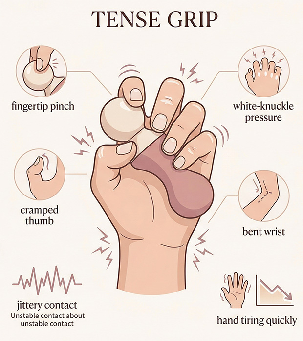 Infographic comparing a tense fingertip pinch grip with a broader, more relaxed vibrator hold that keeps contact steadier and reduces hand strain.