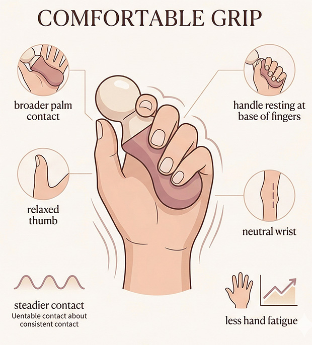Infographic comparing a tense fingertip pinch grip with a broader, more relaxed vibrator hold that keeps contact steadier and reduces hand strain.