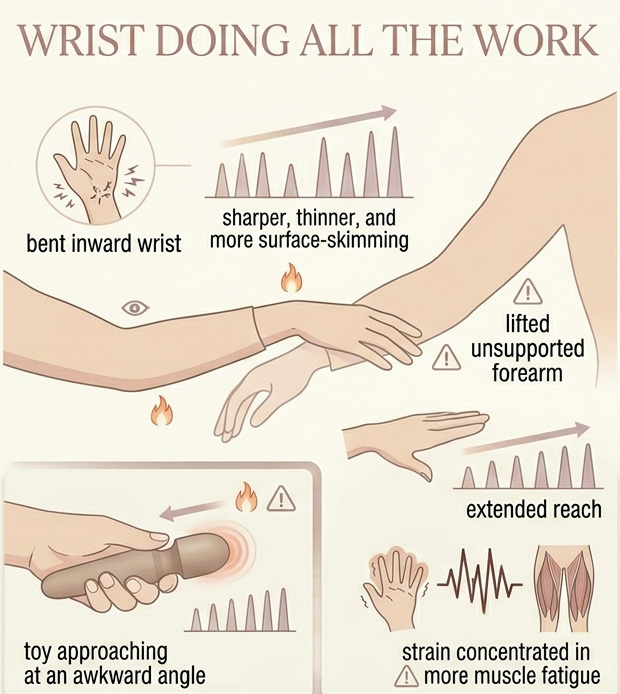 Comparison graphic showing how a neutral wrist and supported forearm reduce strain and improve vibrator control compared with an awkward bent-wrist hold.