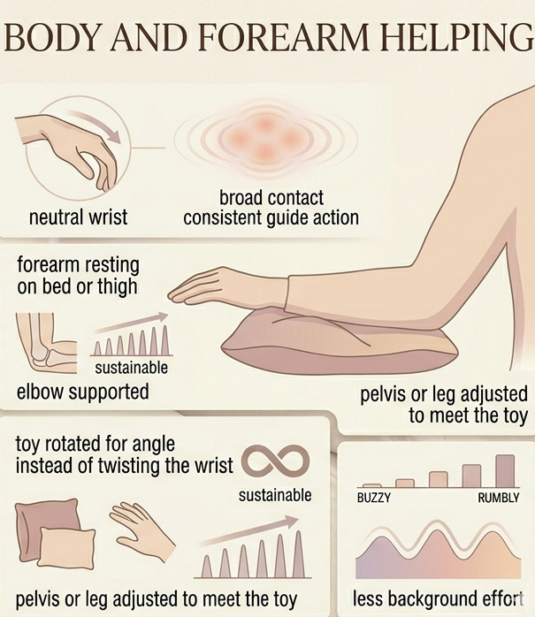 Comparison graphic showing how a neutral wrist and supported forearm reduce strain and improve vibrator control compared with an awkward bent-wrist hold.