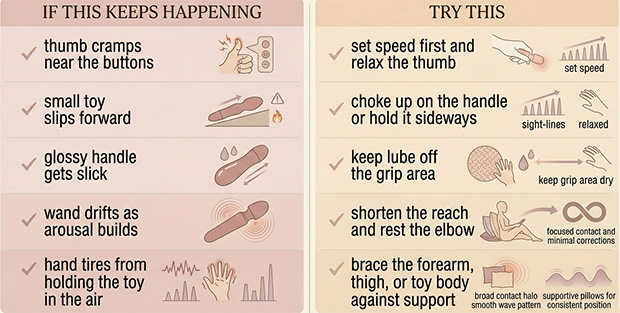 Troubleshooting chart matching common vibrator grip problems like slipping, thumb cramping, and wrist fatigue with simple comfort fixes.