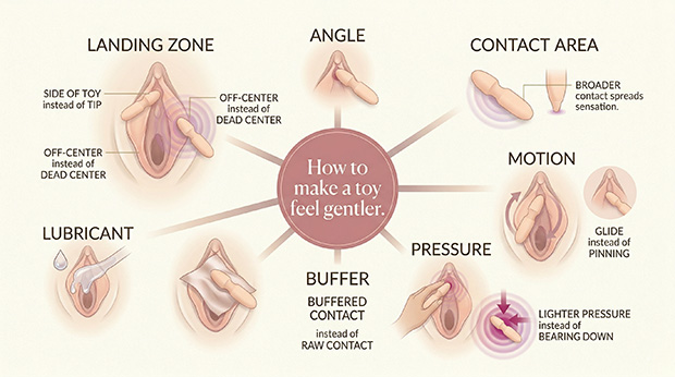 Infographic showing that gentler toy use depends on placement, angle, motion, pressure, buffering, and lubricant, not only on lowering intensity.