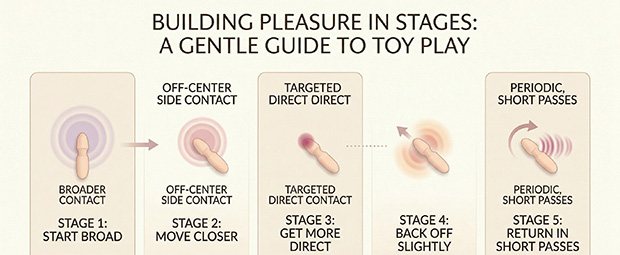 Step-by-step infographic showing how to build toy pleasure in stages, starting broad and getting more direct only when the body is ready.