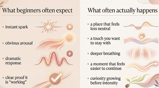 Infographic showing that early pleasure often begins as interest, comfort, or curiosity before it becomes strong intensity.
