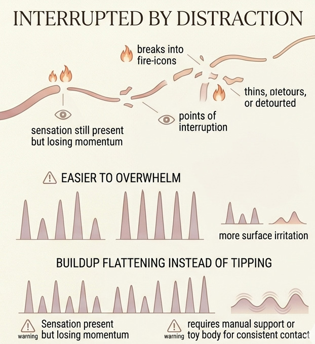 Infographic showing how steady attention supports orgasm buildup while repeated distractions thin and interrupt the pleasure thread.