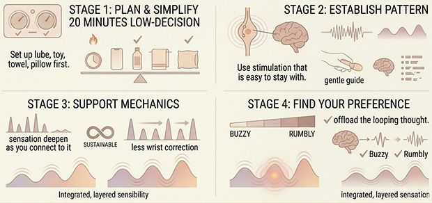 Step-by-step infographic showing how to reduce mental switching and gently bring attention back to sensation during sexual pleasure.