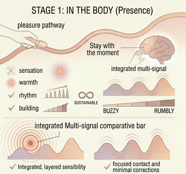 Diagram showing how attention can shift from staying inside sensation to monitoring progress, which interrupts sexual pleasure.