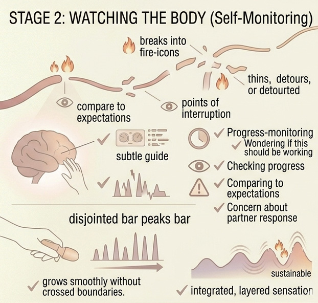 Diagram showing how attention can shift from staying inside sensation to monitoring progress, which interrupts sexual pleasure.