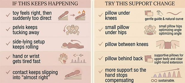 Troubleshooting chart matching common solo-play problems like drifting contact, rolling, or wrist fatigue with simple pillow-positioning fixes.