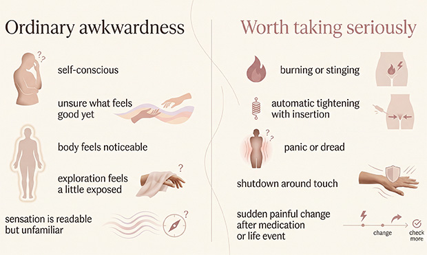 Comparison chart showing the difference between normal early awkwardness during pleasure exploration and pain, bracing, or dread that may need support.