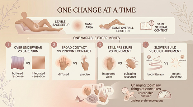 Infographic showing how to test stimulation by keeping most factors the same and changing only one variable at a time.